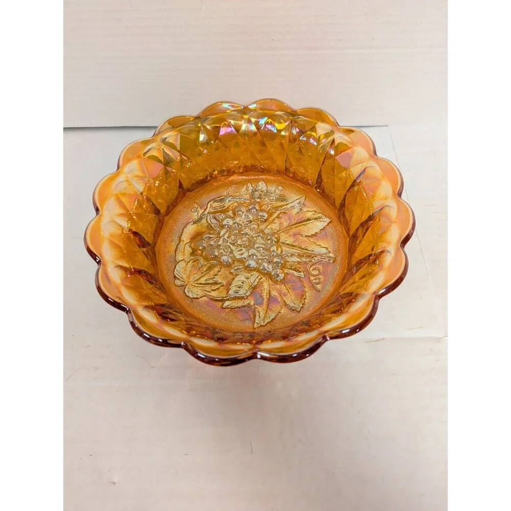 Vintage Fenton Marigold Carnival Glass Grape Design Fruit Bowl 1972